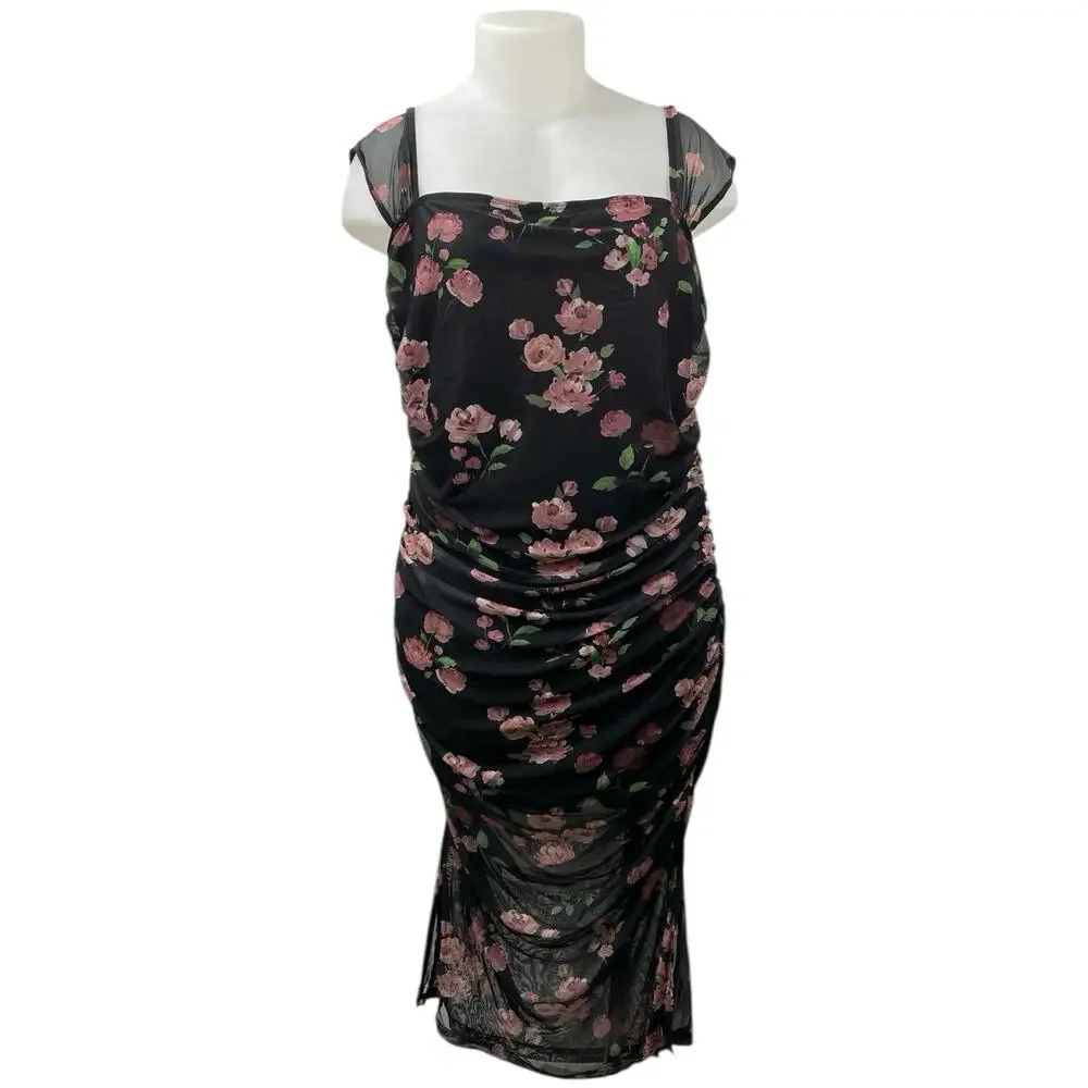 Cider Women's Black Floral Print Sleeveless Ruched Midi Bodycon Dress Size 3XL
